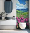 Ceramic tile mural with blooming pink tulips and spring landscape – decorative tile mural